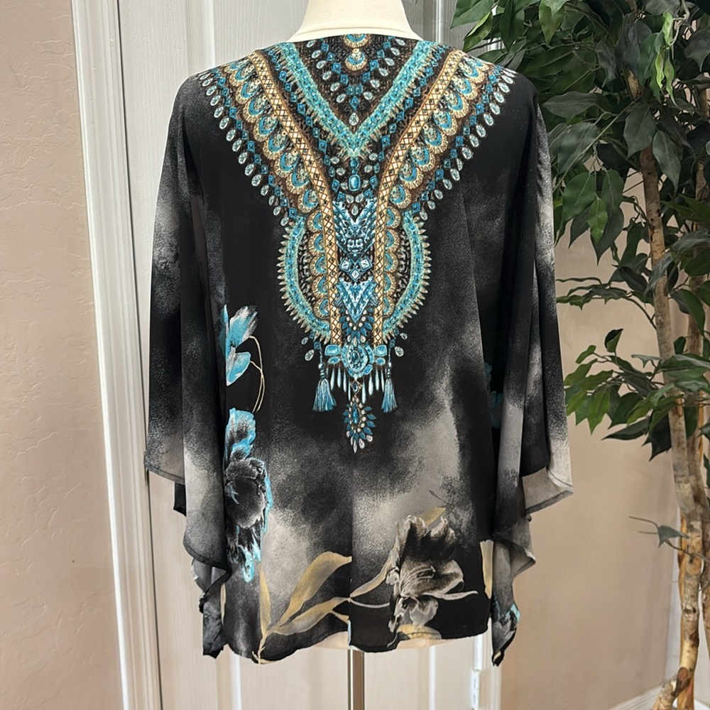 Belle by Kim Gravel Printed V-Neck Lace-Up Poncho ~ Black - Picture 3 of 8